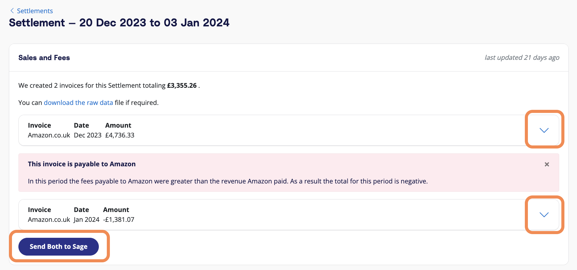 Review the transaction details that A2X has coded by clicking the dropdown arrow, then click 'Send to Sage' when ready.