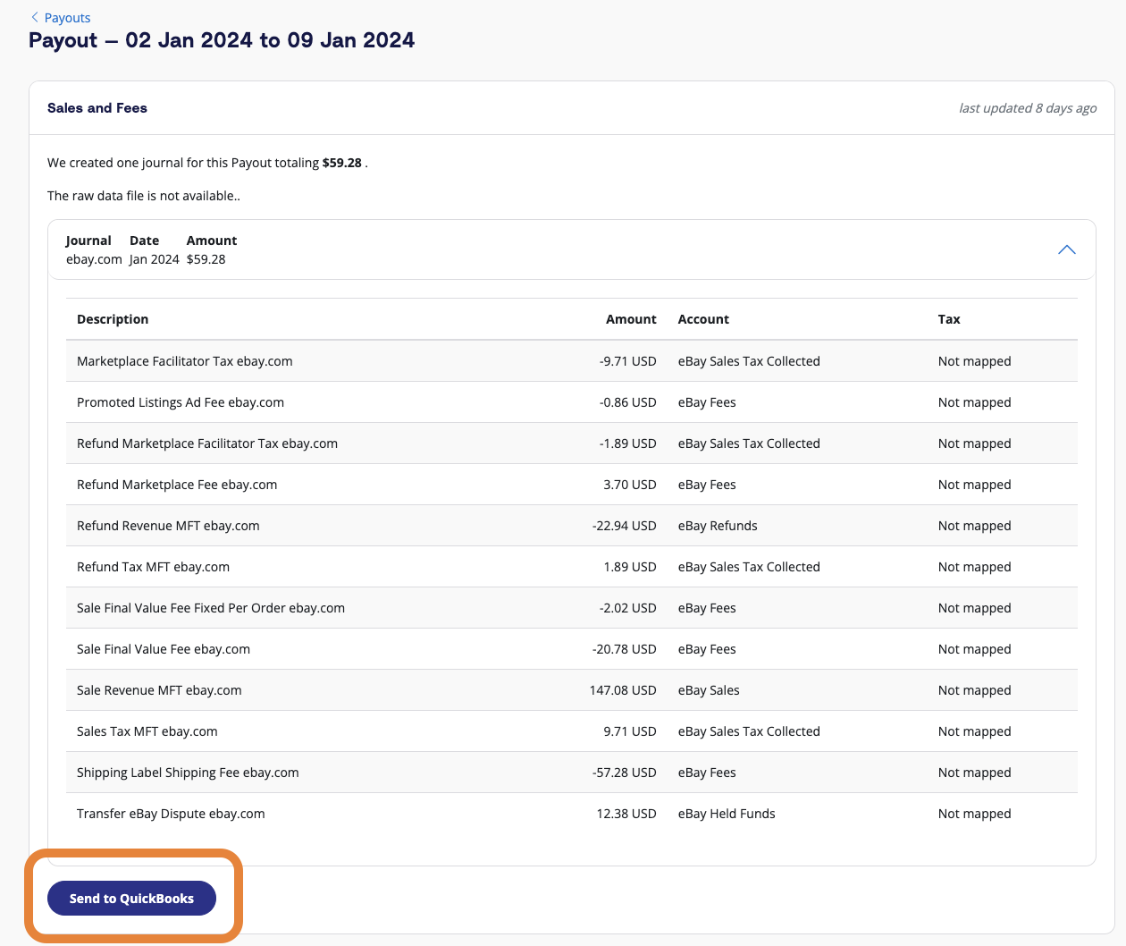 Click the dropdown arrow to review the payout and see how A2X has categorized the transaction. Click the 'Send to QuickBooks' button when ready.