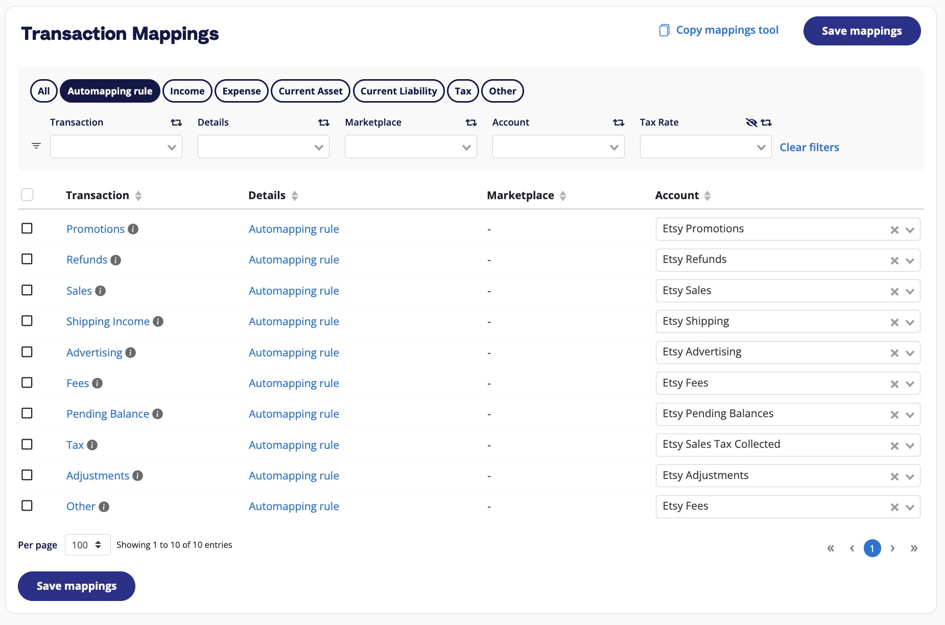 Where users can map accounts and taxes in A2X on the A2X Accounts and Taxes Mapping page