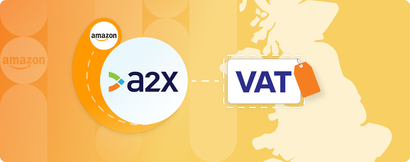 An illustration with the Amazon and A2X logos, and VAT with a price tag