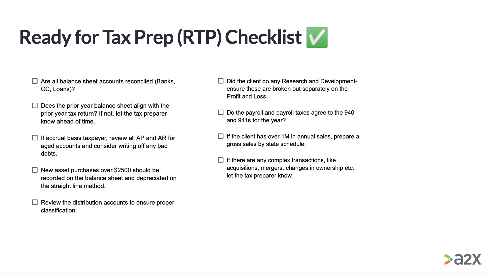 A checklist to give to Bookkeepers and CPAs ahead of tax prep