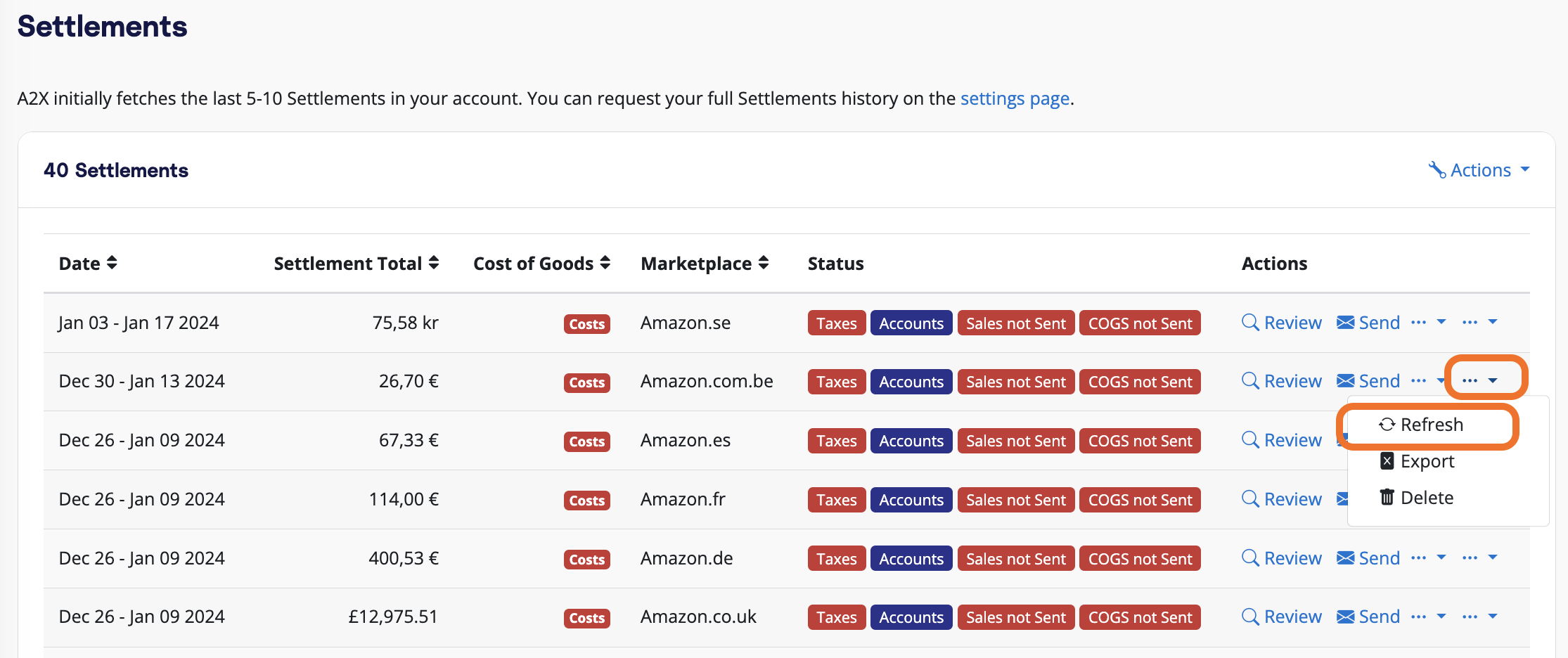 The A2X Settlements Page: Click 'Refresh'