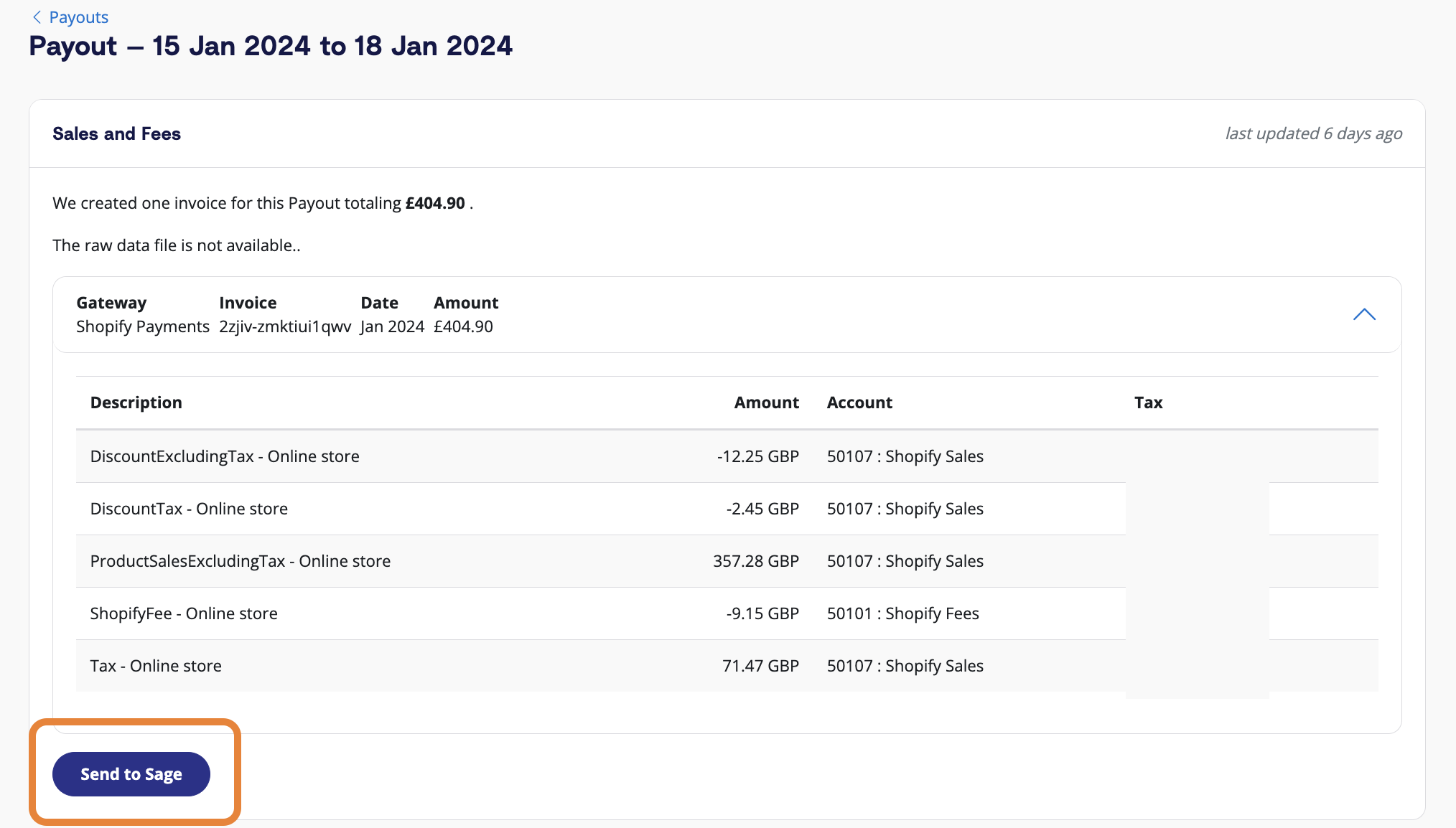 When a user clicks into a payout in A2X, review how A2X has categorized the transactions, then click the 'Send to Sage' button when ready.