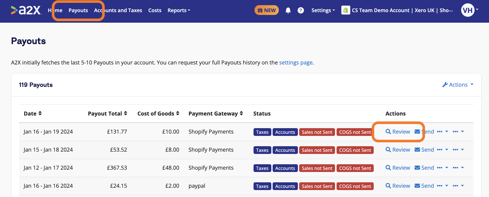 The Payouts tab in A2X, where users can see the payouts that A2X has fetched from Shopify. Click 'Review' beside a payout to see how A2X has categorized the transaction details.