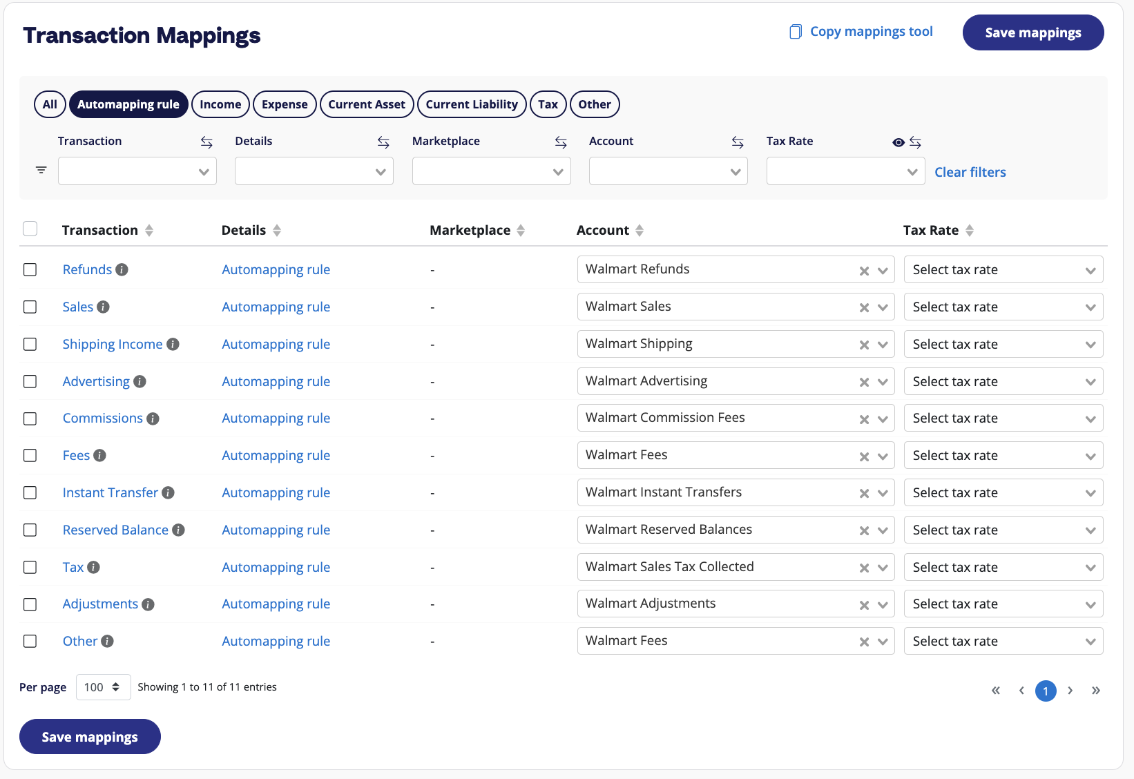 The A2X Accounts and Tax Mapping page, where there are columns for Transaction type, Details, Marketplace, Account, and Tax Rate. Users may select the corresponding Account and Tax Rate for each transaction type.