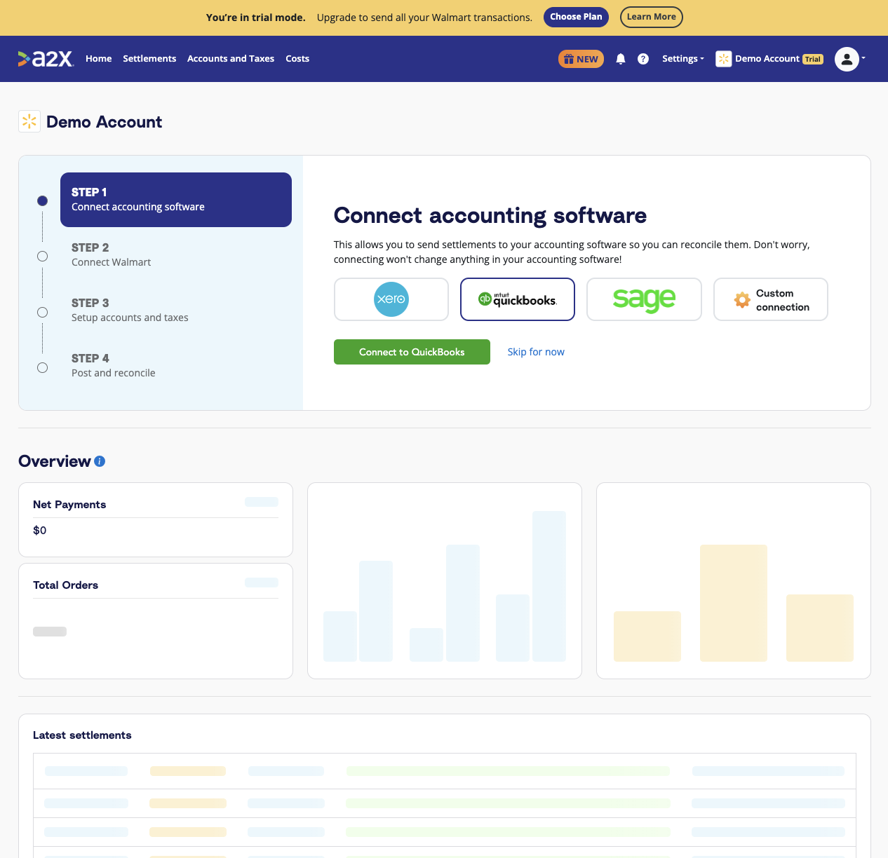 Zoomed out version of the A2X dashboard when a user first lands on it.