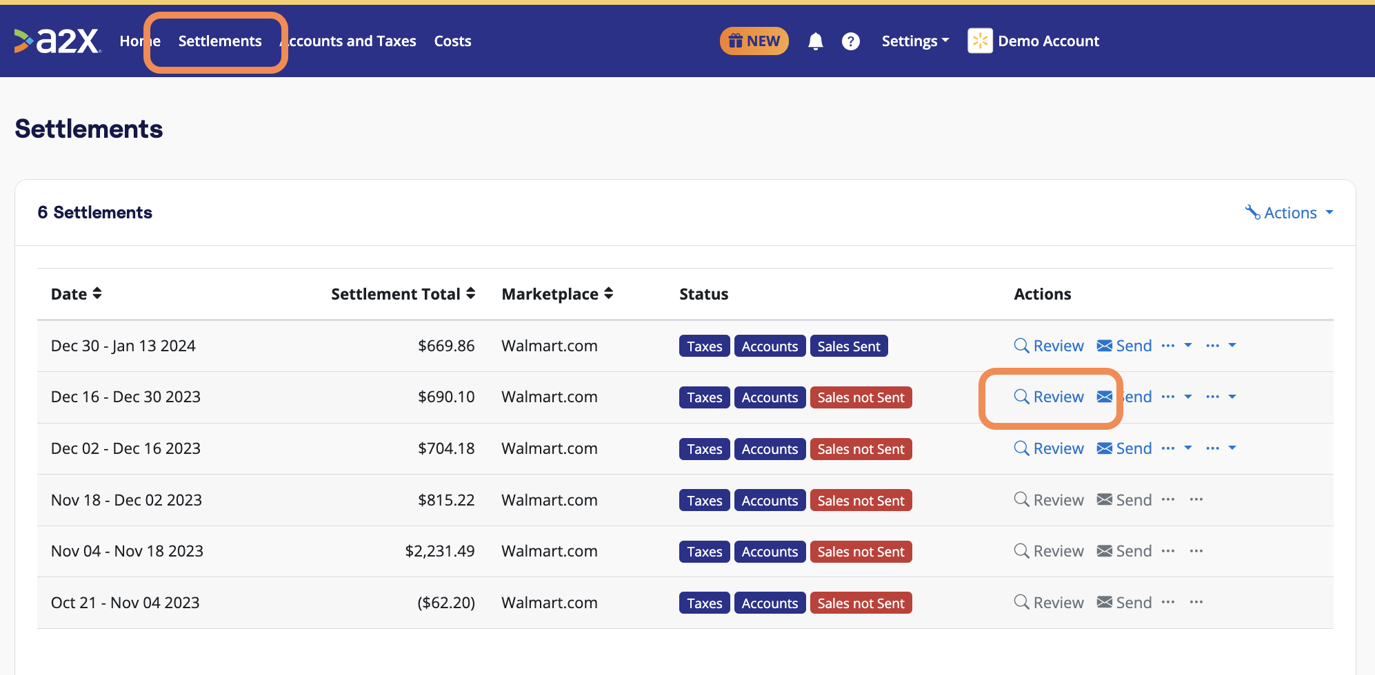 What the A2X Settlements page looks like. Click on 'Review' to see the details for each available settlement.