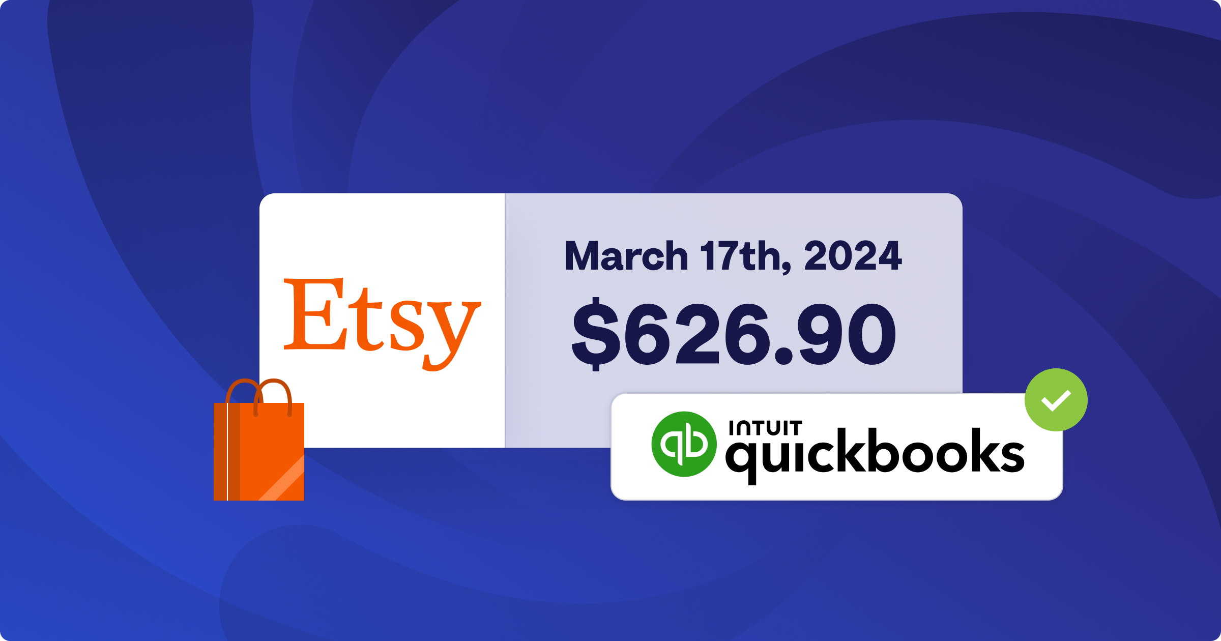 An illustration of a deposit amount with the Etsy and QuickBooks logos