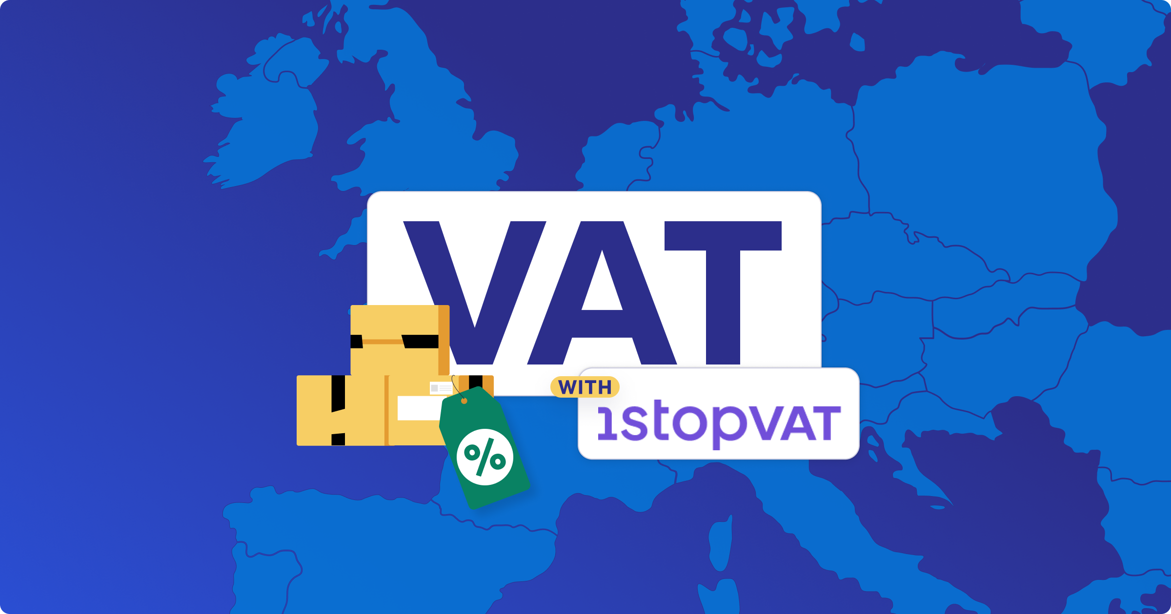 An illustration that says VAT with a map in the background and featuring the 1stopVAT logo