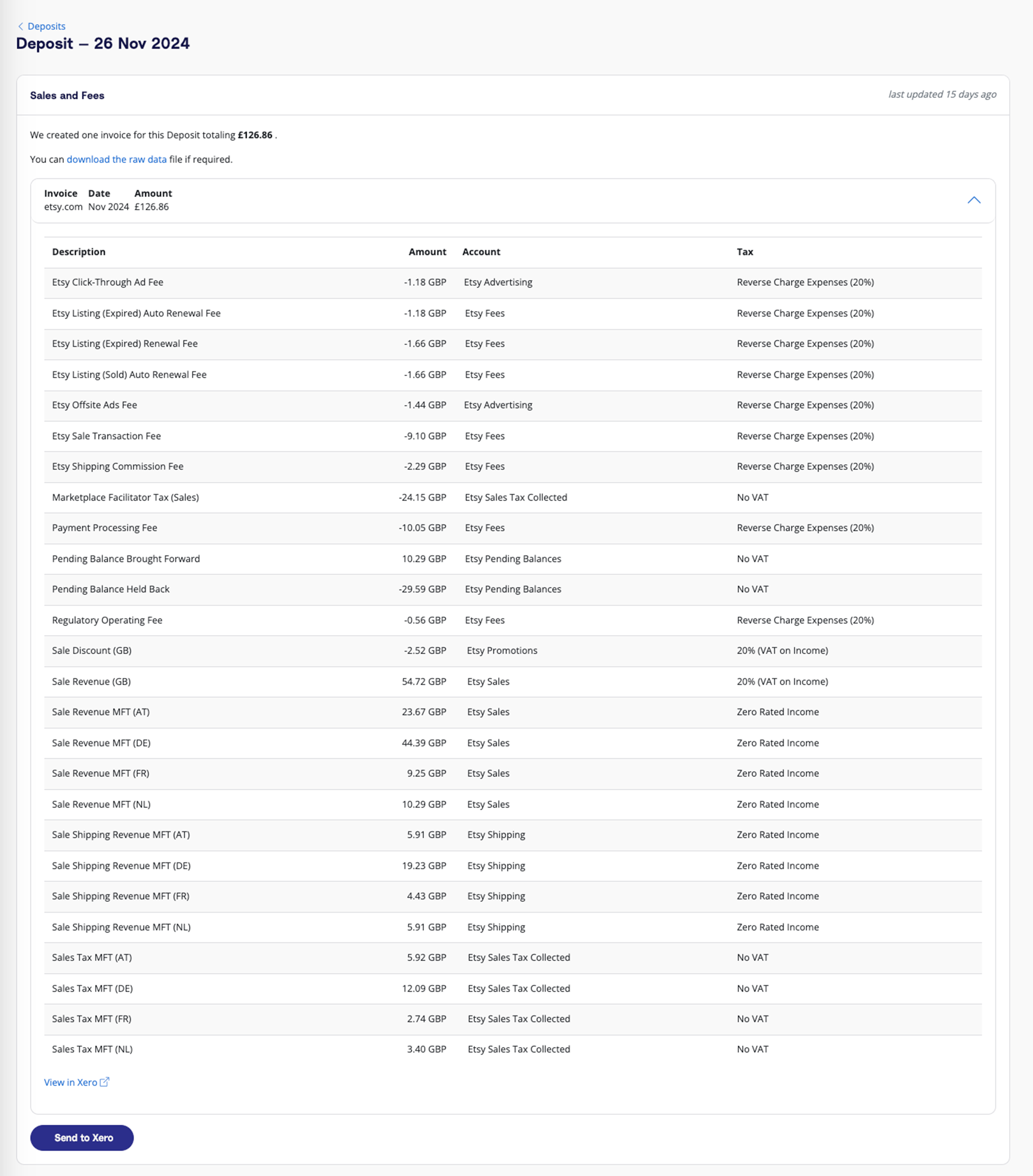 A screenshot of the summary details for a payout in A2X, with the Send to Xero button highlighted