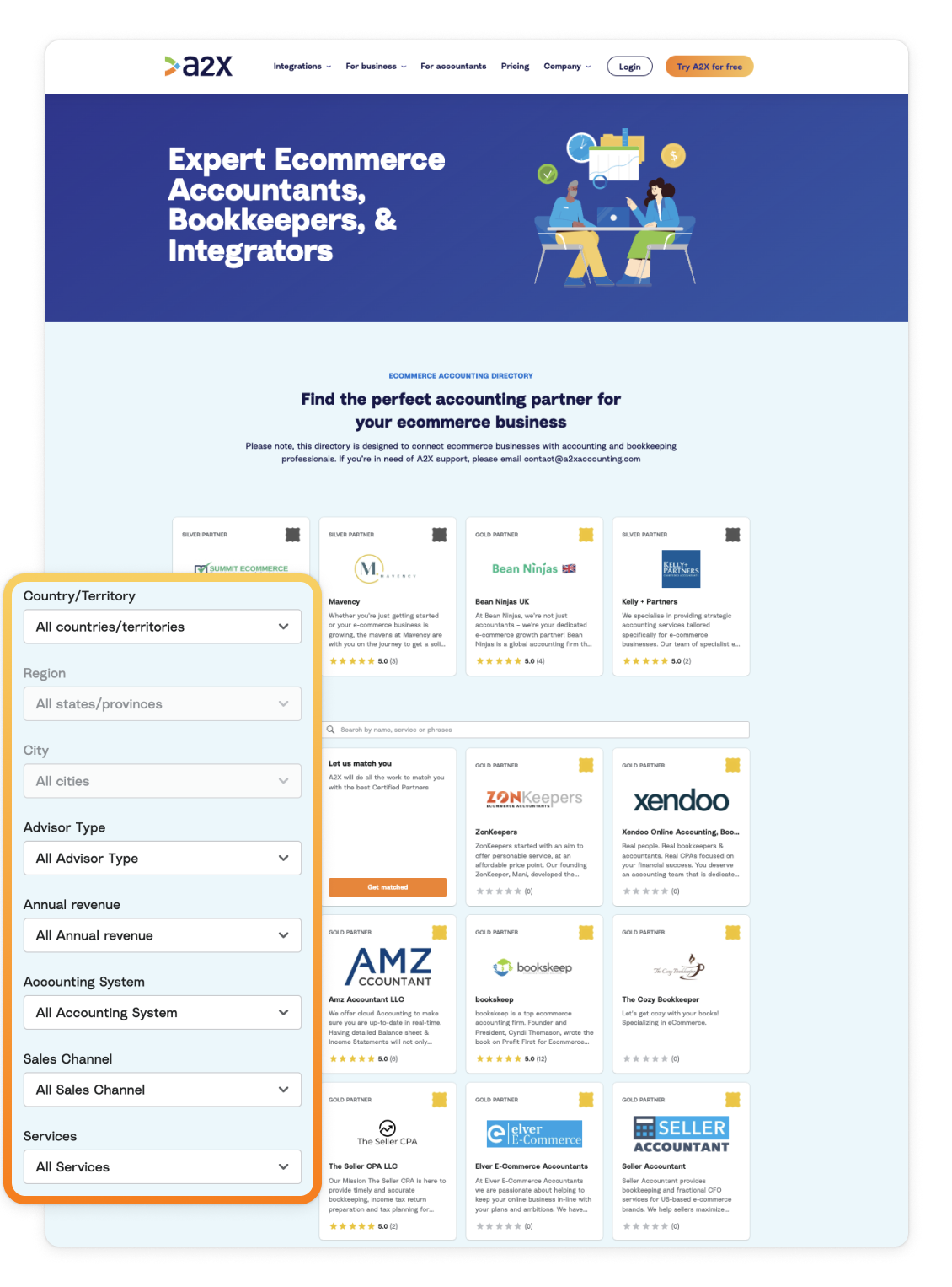 A screenshot of the A2X Directory highlighting where users can apply filters to find an Amazon accountant/bookkeeper