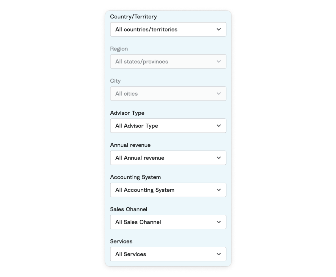 A screenshot of the filters you can use to find a Shopify accountant in the A2X Directory