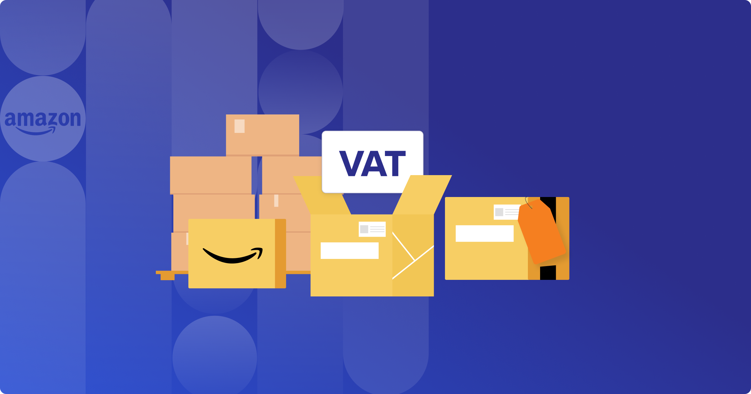 An illustration of Amazon delivery boxes with text that says "VAT"