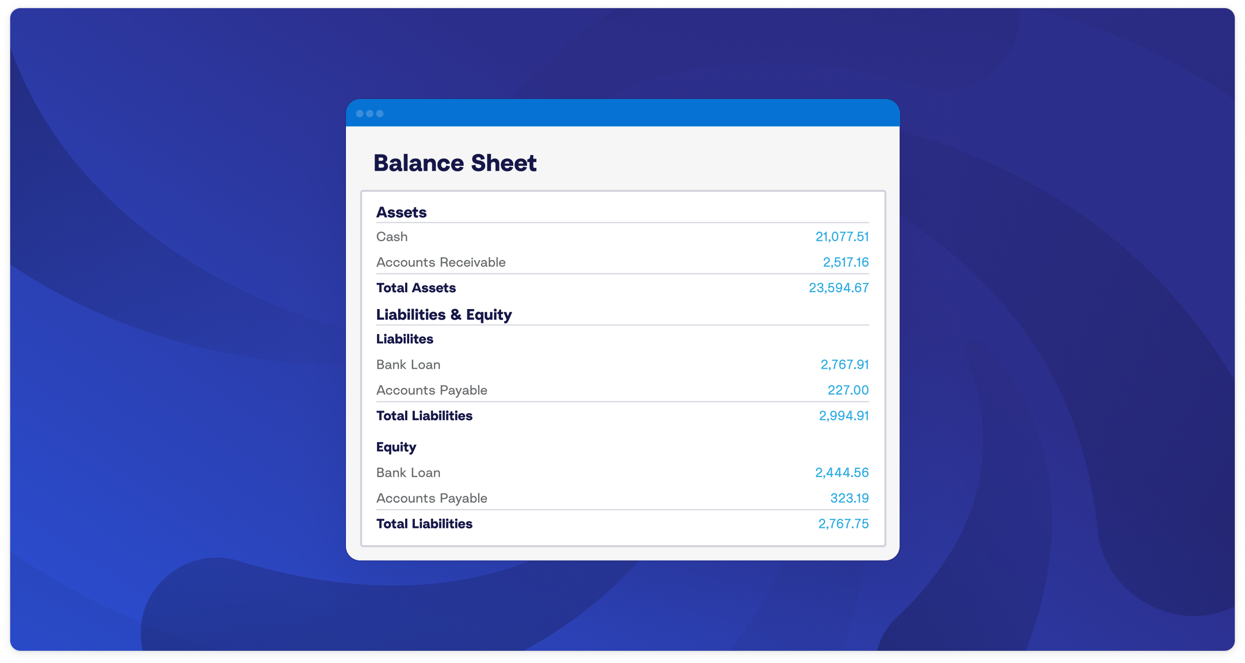 An illustration of an example of an ecommerce balance sheet against a blue background