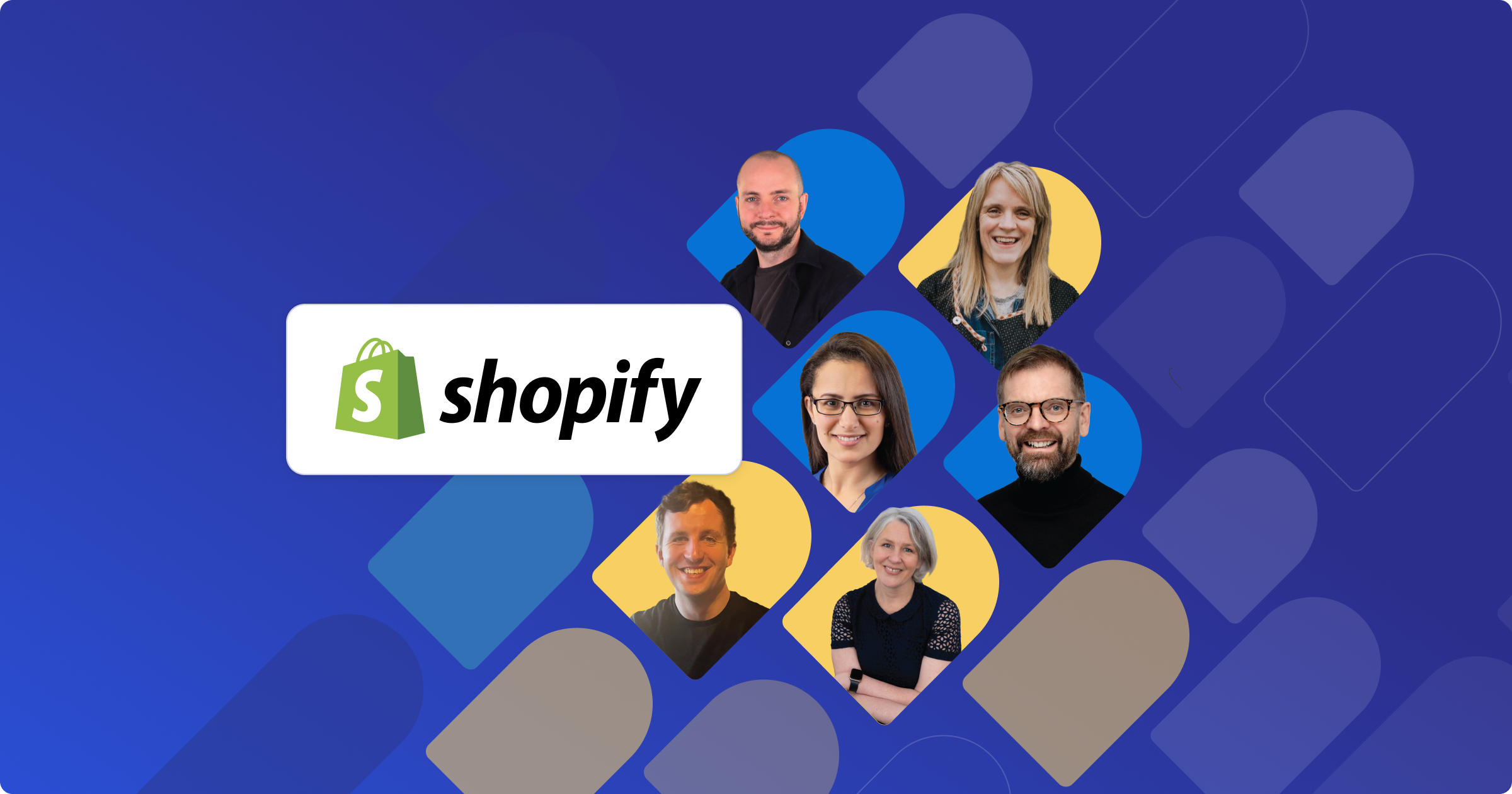 An illustration featuring the Shopify logo and headshots of Shopify accountants located in the UK