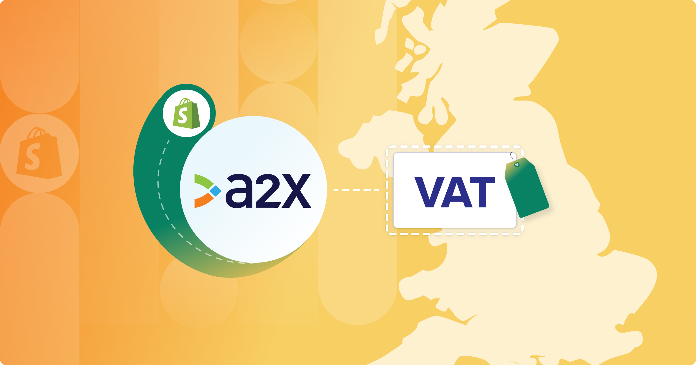 An illustration of the Shopify logo and the A2X logo with the word VAT and a price tag