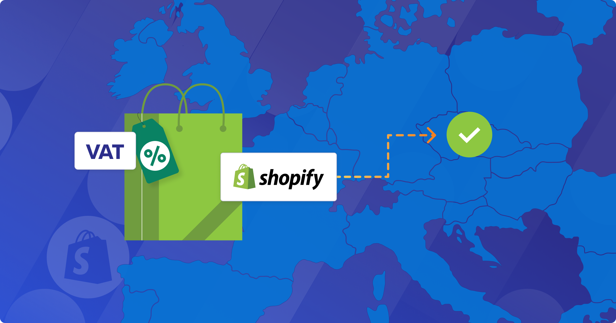 A conceptual illustration showing the Shopify logo and the word "VAT" with a percentage icon over a map of the UK and EU