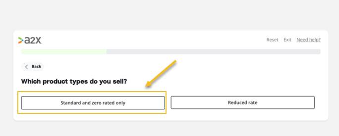 A2X VAT setup questionnaire for sellers with 1 UK VAT registration: Select product types