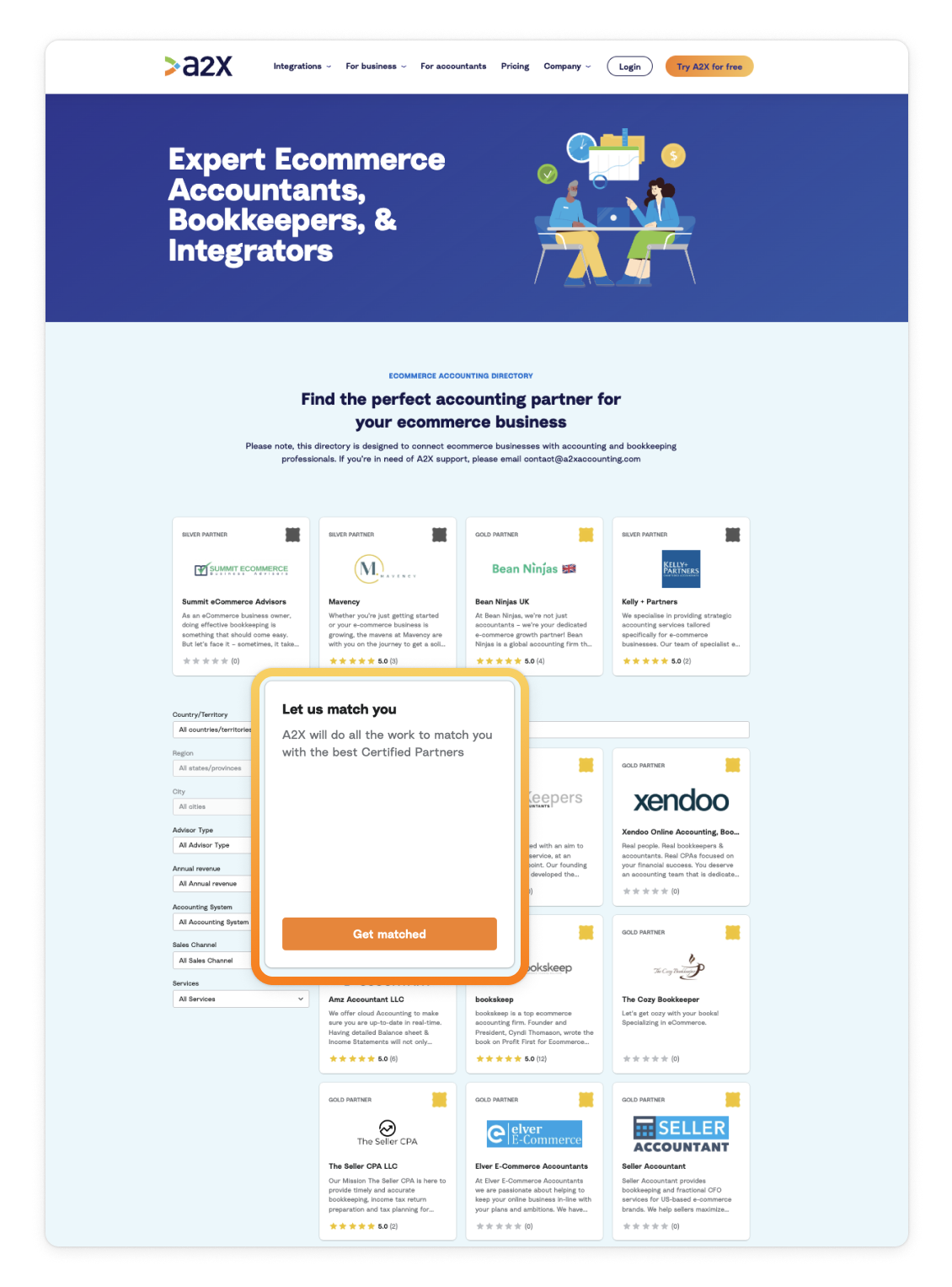 A screenshot of the A2X Directory highlighting where users can click the 'Get Matched' button to get connected with an Amazon accountant/bookkeeper