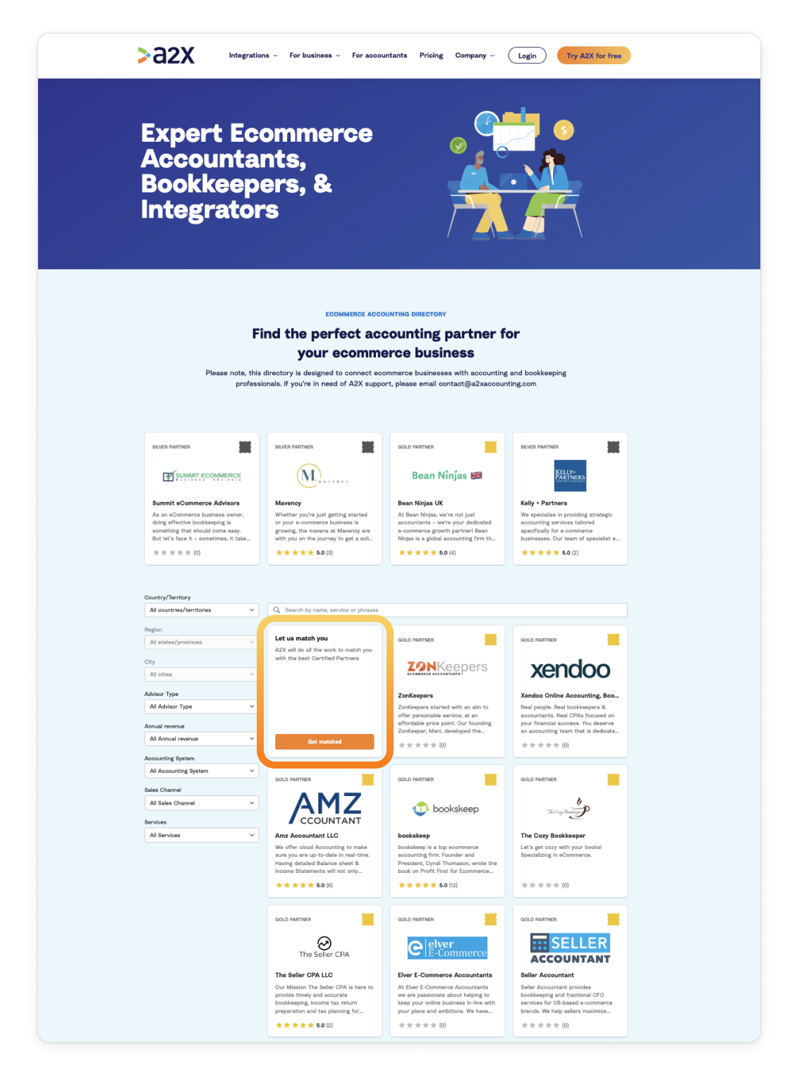 A screenshot of the A2X Directory highlighting the 'Get Matched' button