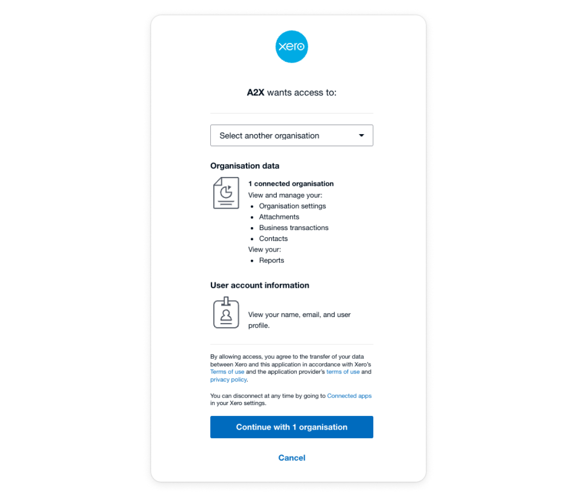 A screenshot showing the screen that enables you to verify your connection details when connecting A2X to a Xero organization