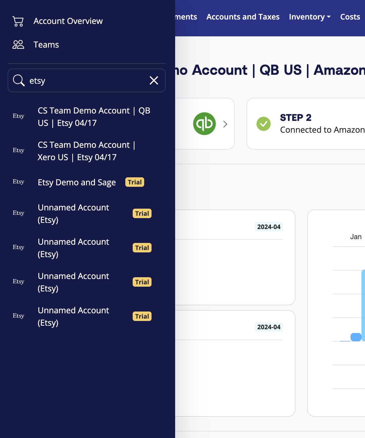 Search by sales channel within the sidebar nav